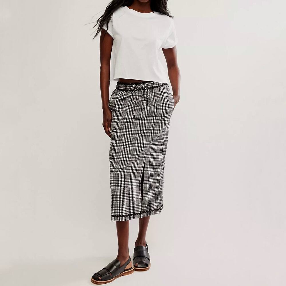 Free People Black Combo Penelope Gingham Midi Skirt Sz M NWT